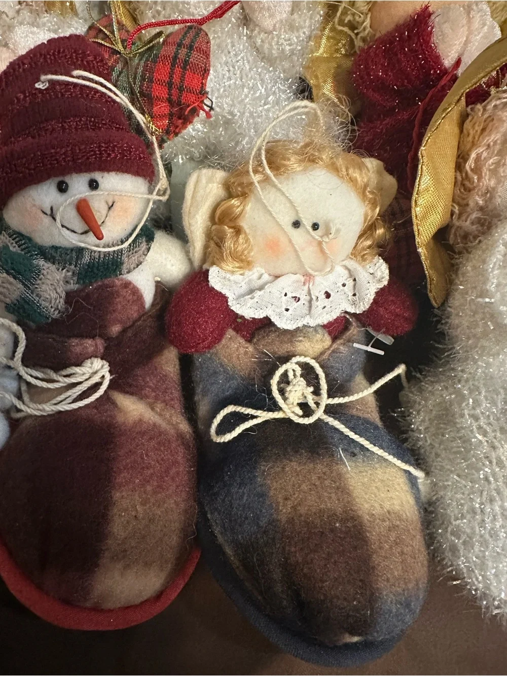 Holiday Plush Angel and Snowman Ornaments - Gold, Red, White